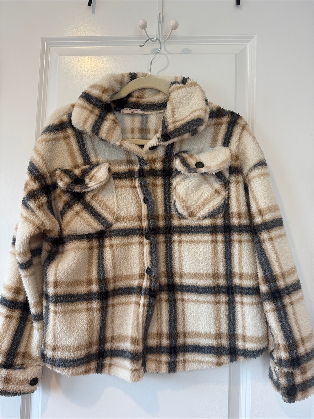 Sincerly Jules Plaid Sherpa Jacket - Cream & Brown
